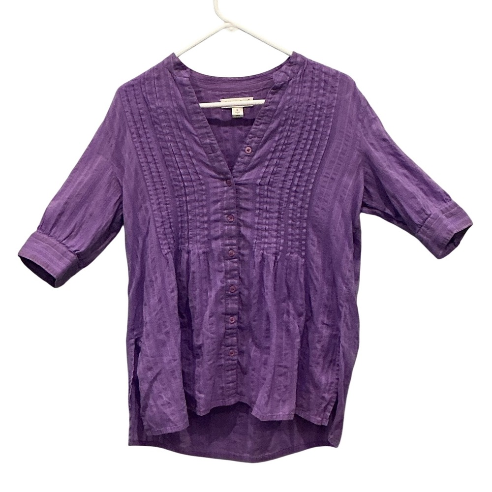 Coldwater Creek Womens Cotton Pintuck Button Up Blouse M Purple Cottage‎ Country